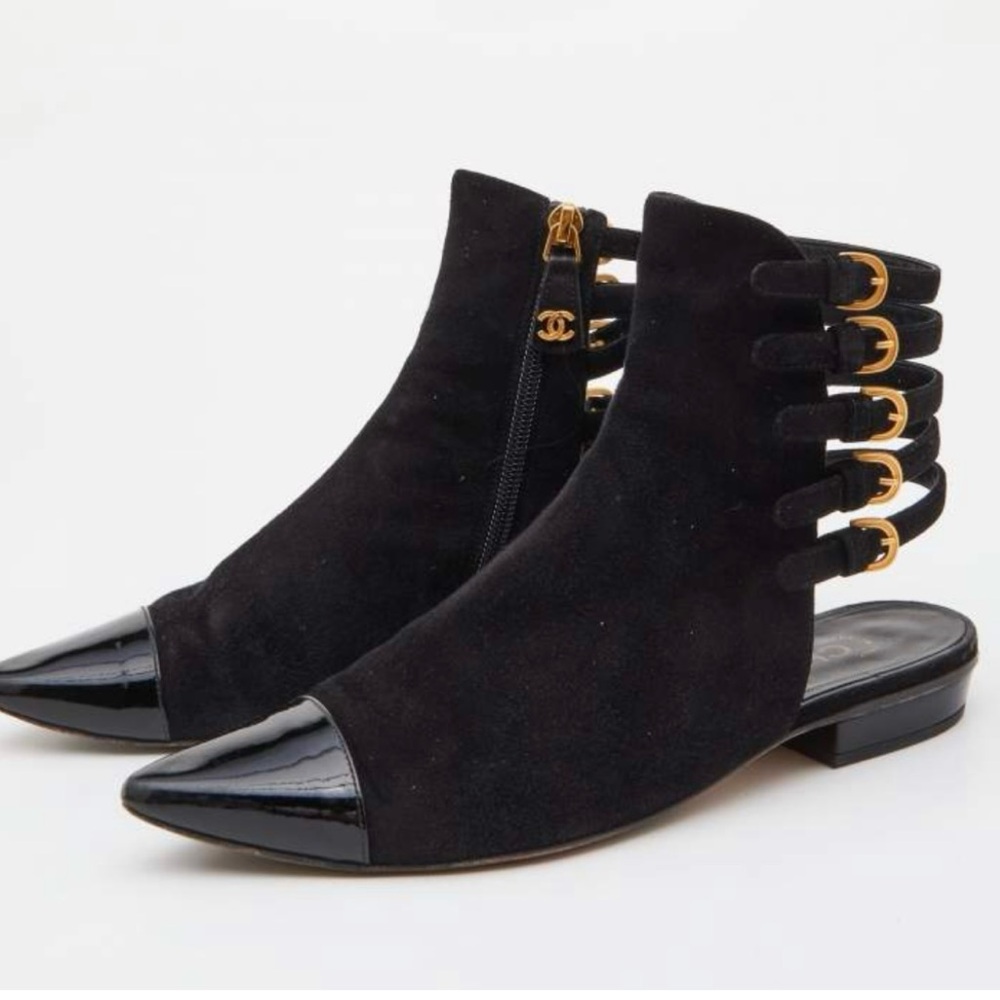 Chanel suede and patent bootie.  Good hardware